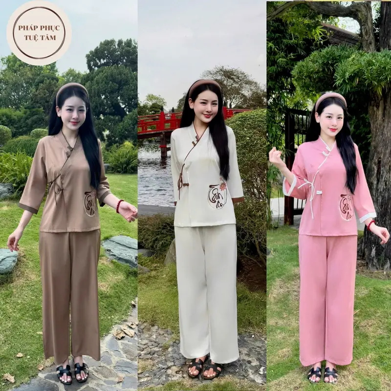 Tuệ Tâm Pháp Phục Đồ lam đi chùa nữ Thêu Tâm An Dây Nơ cổ V Lụa cao cấp mềm mịn 0