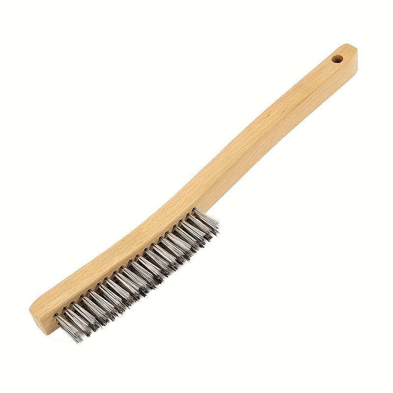 Product Introduction of Wooden Handle Wire Brush, Stainless Steel Wire Scrub Brush for Cleaning Rust, 14" Curved Beechwood Handle Wire Brush for Car, Home, Office 2