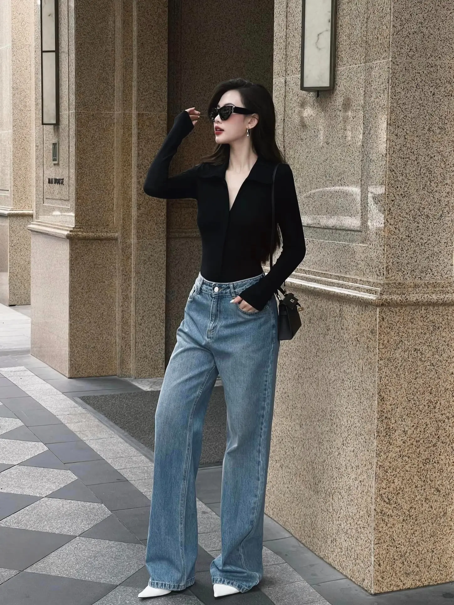 Quần Jean ống suông cạp cao. Quần Jean nữ form suông màu xanh wash Q1 Women Ong