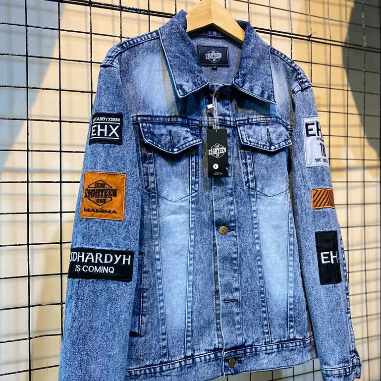 Jaket Jeans Pria Denim Model Terbaru Full Bordir Emblem Casual Motif Logo Cocok Semua Musim Santai