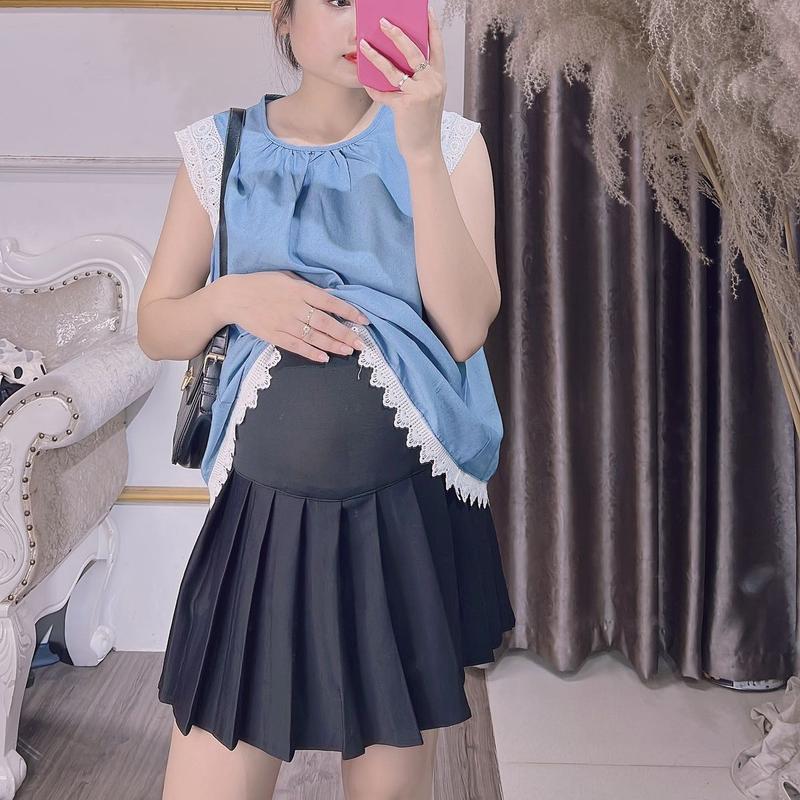  Chân váy xếp li ngắn màu đen cho bầu,chất umi co giãn thoải mái 