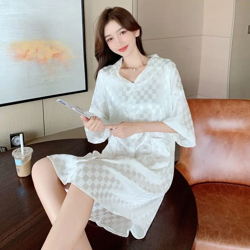 Váy Ngủ Mùa Hè, Áo Sơ Mi Trắng ngắn Tay Lụa Lạnh Cho Nữ, Đồ Mặc Nhà Mỏng Ngọt Ngào Đồ Ngủ Nữ Gợi Cảm, Hàng Mới Về 2024 Dress 5