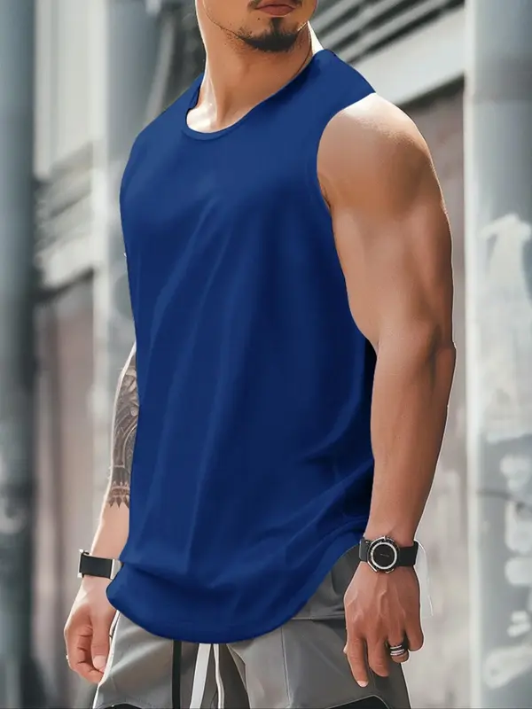 Men's Solid Curved Hem Sports Vest, Breathable Quick Drying Sleeveless Running Vest Tank Top for Gym Workout Running, Sport & Outdoor Clothing for Summer, Training Top 2