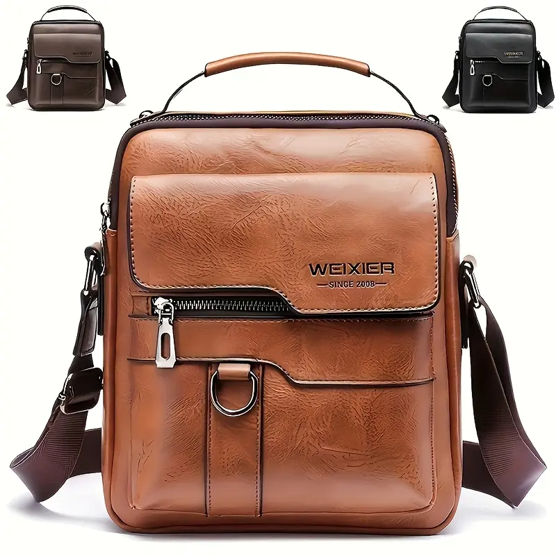 This men's genuine leather crossbody bag features a vintage design, suitable for business casual use, with adjustable black and light brown shoulder straps