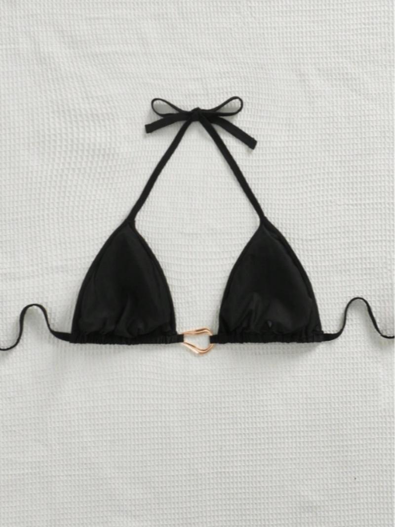 Product Introduction of 【Plus Size】 Solid Color Metal Decor Halter Bikini Top, Casual Tie Back Swim Top for Beach Holiday Vacation, Women's Swimwear for All Seasons 2