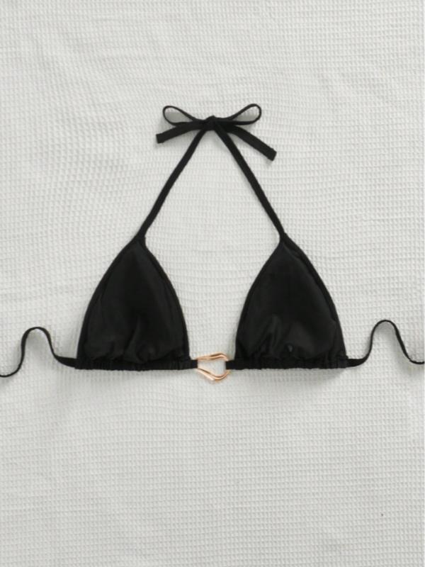 【Plus Size】 Solid Color Metal Decor Halter Bikini Top, Casual Tie Back Swim Top for Beach Holiday Vacation, Women's Swimwear for All Seasons 1