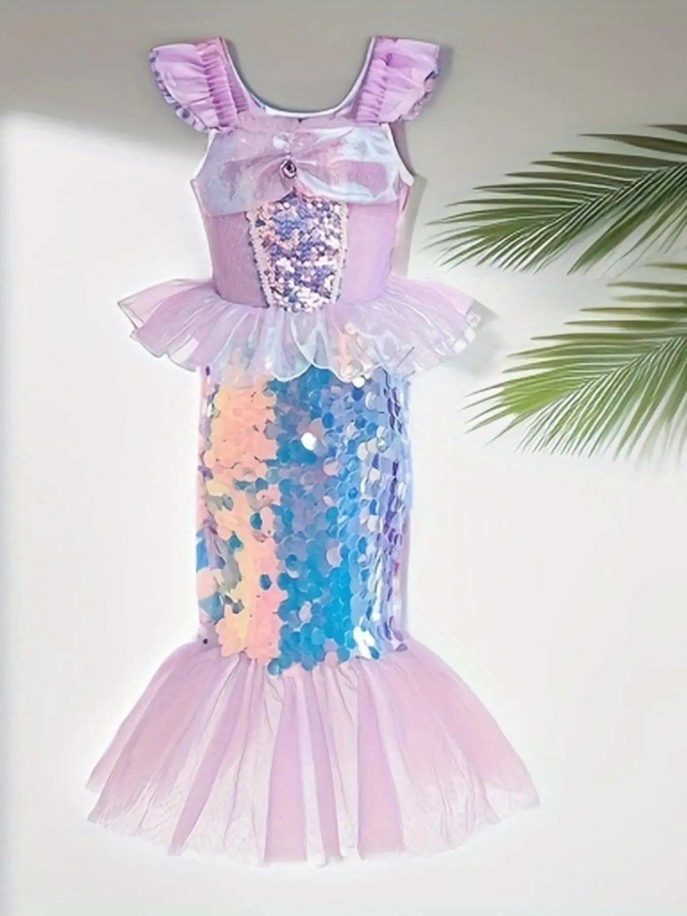Girl's Contrast Sequin Ruffle Hem Mermaid Dress, Elegant Butterfly Sleeve Zipper Back Formal Dress for Party, Kids Clothes for All Seasons