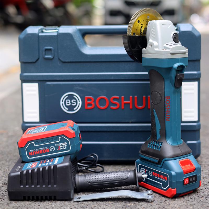 [ Tặng Bộ Lưỡi Cưa Xích] Máy Mài Dùng Pin Boshun - AG100B - Đa Chức Năng: Cắt,  Mài, Cưa - Đông Cơ Không Chổi Than- 2 Pin 10cell 21V/4Ah - Có Tay Cầm Trợ Lực