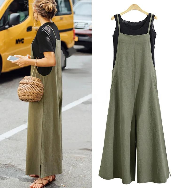 Product Introduction of Women Casual Wide-Legged Jumpsuit Cotton Linen Breathable Sleeveless One-Piece Loose Long Jumpsuit Overalls Lingerie 5