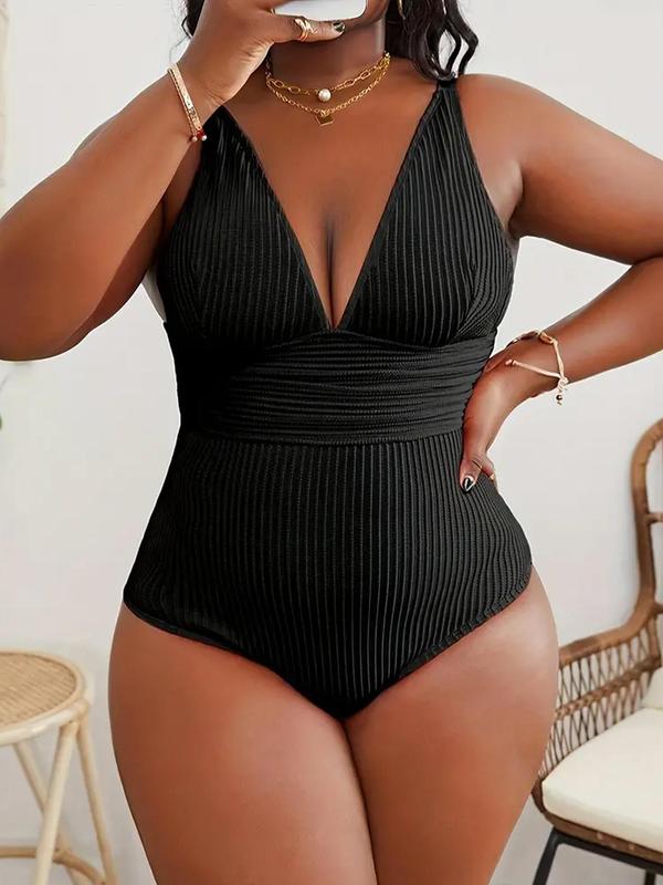 【Plus Size】Solid Color V Neck One-piece Tank Swimsuit, Plus Women's Sexy Sleeveless Ribbed Swimwear for Summer, Plus Ladies One Piece Swimsuit for Beach Holiday Vacation, Swim Bodysuit 4