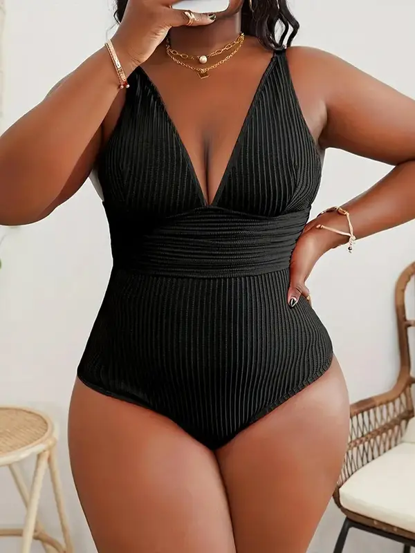 【Plus Size】Solid Color V Neck One-piece Tank Swimsuit, Plus Women's Sexy Sleeveless Ribbed Swimwear for Summer, Plus Ladies One Piece Swimsuit for Beach Holiday Vacation, Swim Bodysuit 4