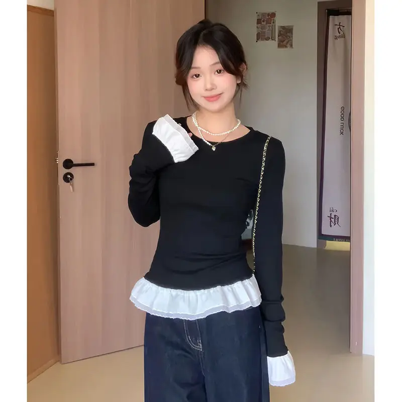 Áo cổ tròn vạt bèo tay tơ 2 lớp điệu đà 10 màu peonyb - Áo giữ nhiệt thun tăm dáng ôm body nữ tính bánh bèo hotgirl top women phong cách hàn quốc đẹp 2