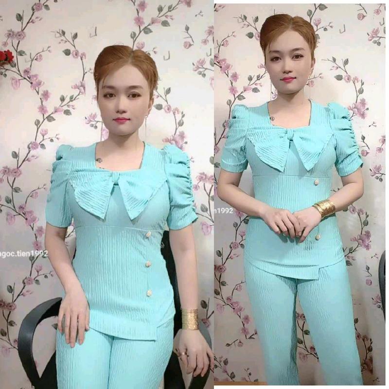 Set bộ quần dài ống ôm phối nơ ở trước áo tay phồng vải thun xốp  Women 6