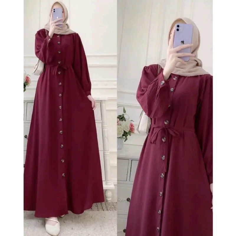 Gamis dres full kancing/ polos terbaru 2025/gamis Dewasa  Mewah Maxi Lebar Airflow Pesta Lebaran Crinkle Kondangan Biru Coklat Muslim Wanita Gamis Remaja Syari Panjang gam is Midi 4