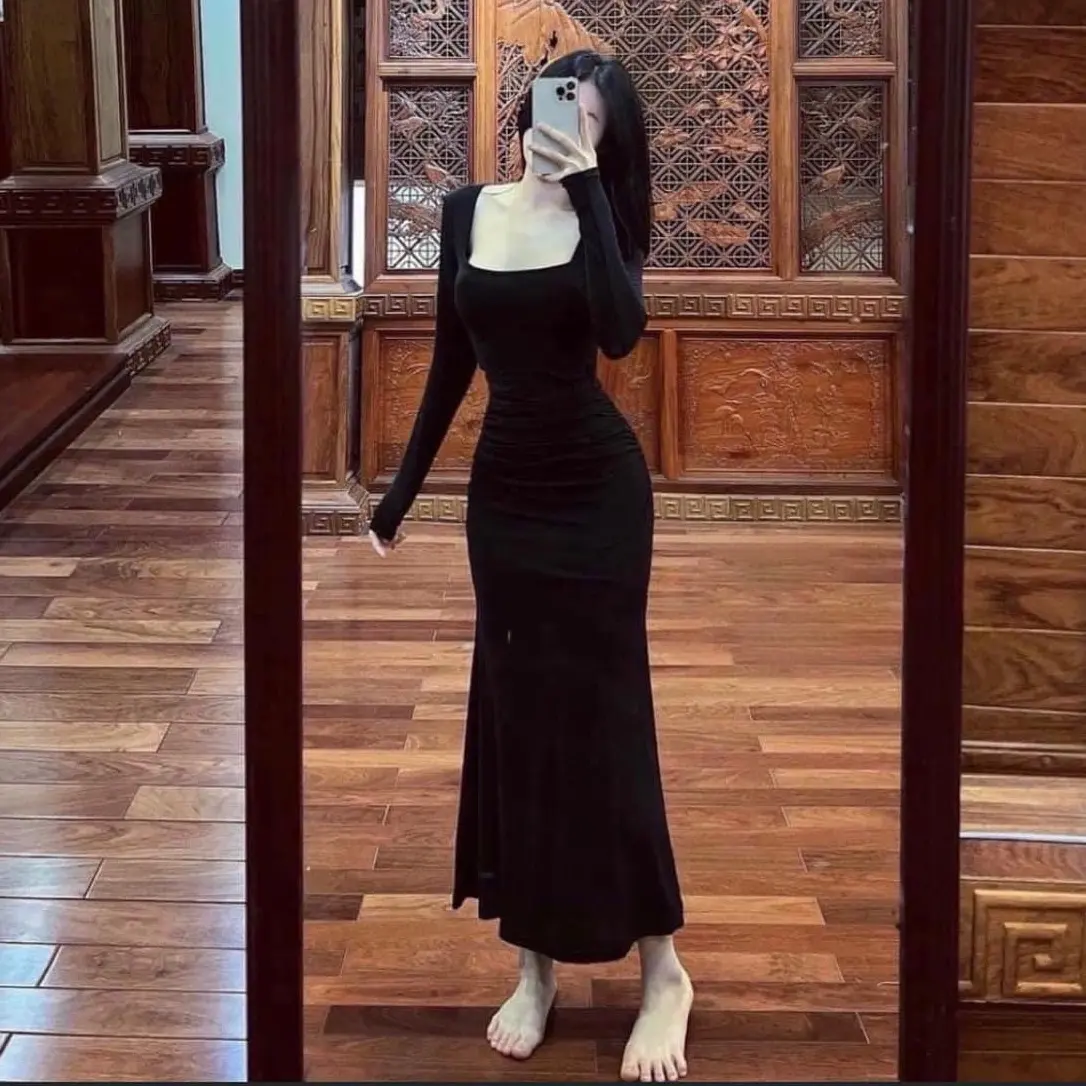 [Tay Dài - Ngắn] Đầm Body Cổ U Nhún Eo Form Dài Đuôi Cá 3 Màu Hot Nữ Women Dress Đen