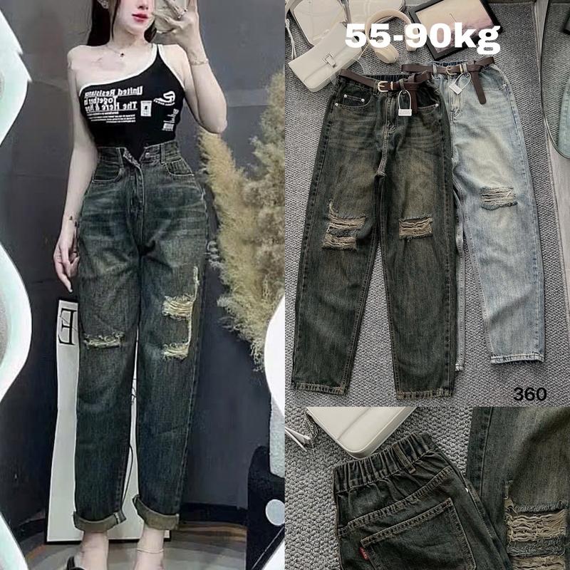 Quần baggy jean nữ ống rộng Bigsize 55-90kg lưng cạp cao rách 2 bên, phía sau có bo thun Ms360