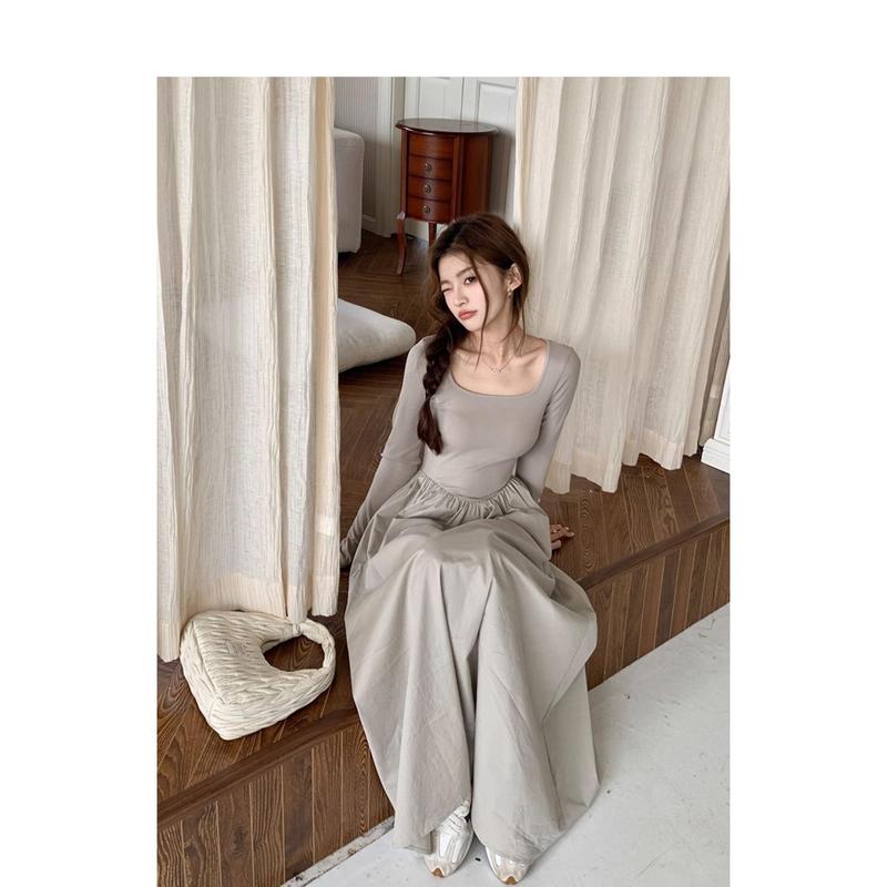 French Hepburn style long sleeve square neck bottoms dress WOMEN'S autumn 2024 new high-grade elegant inner match long dress Casual Womenswear 8