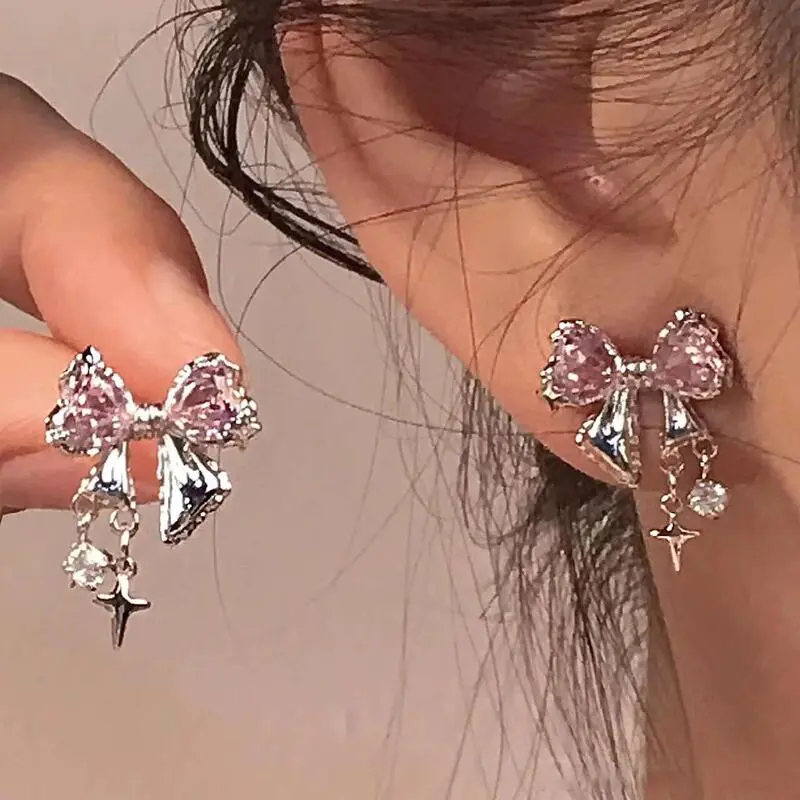 Bowknot Zircon Stud Earrings for Women Fashion Korean Sier Color Pink Crystal Personality Earring Party Jewelry Gifts