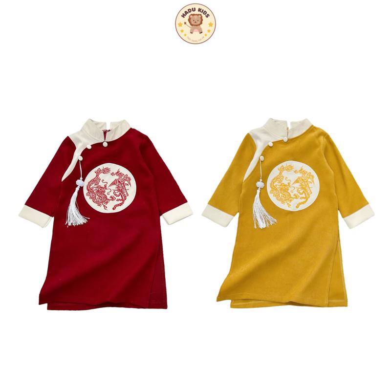 Áo dài tết cho bé trai bé gái THÊU RỒNG PHƯỢNG KÈM DÂY KHÁNH - HADU KIDS 12-24kg chất nhung chéo
