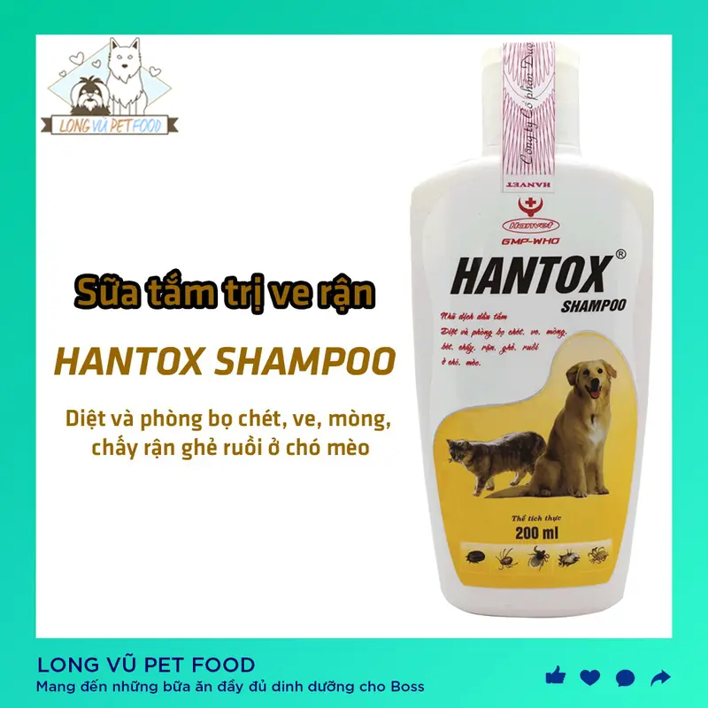 Sữa Tắm Trị Ve Rận Bọ Chét Cho Chó Mèo Hantox Shampoo Vàng 200ml - Long Vũ Pet Food 1
