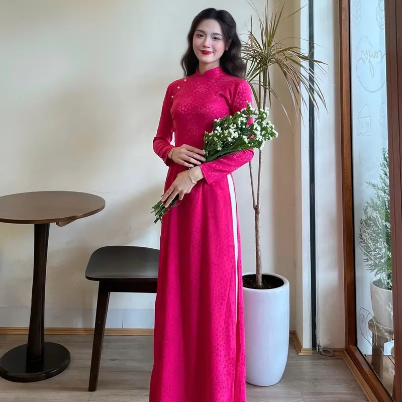 Bộ Áo dài Gấm Lụa Tơ Mềm cổ cao 2cm tay dài hoa nhí kèm quần lụa sang trọng  ( nhiều màu) Women 3