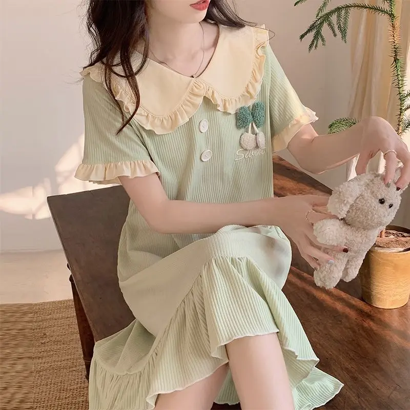 Váy Ngủ Ngọt Ngào Và Đơn Giản Cho Nữ, Váy Ngắn Tay Dài, Đồ Ngủ Mùa Hè Dễ Thương, Phong Cách Công Chúa, Cổ Búp Bê Mỏng, Đồ Mặc Nhà