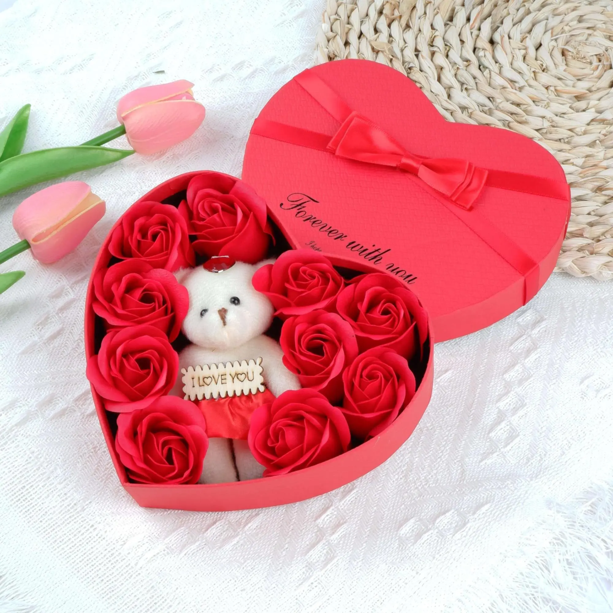 Artificial Rose Floral & Cute Bear Design Decoration Gift Box, 1 Count/10pcs Creative Heart Shaped Gift Box With/without Necklace, Birthday Gift for Friends & Family