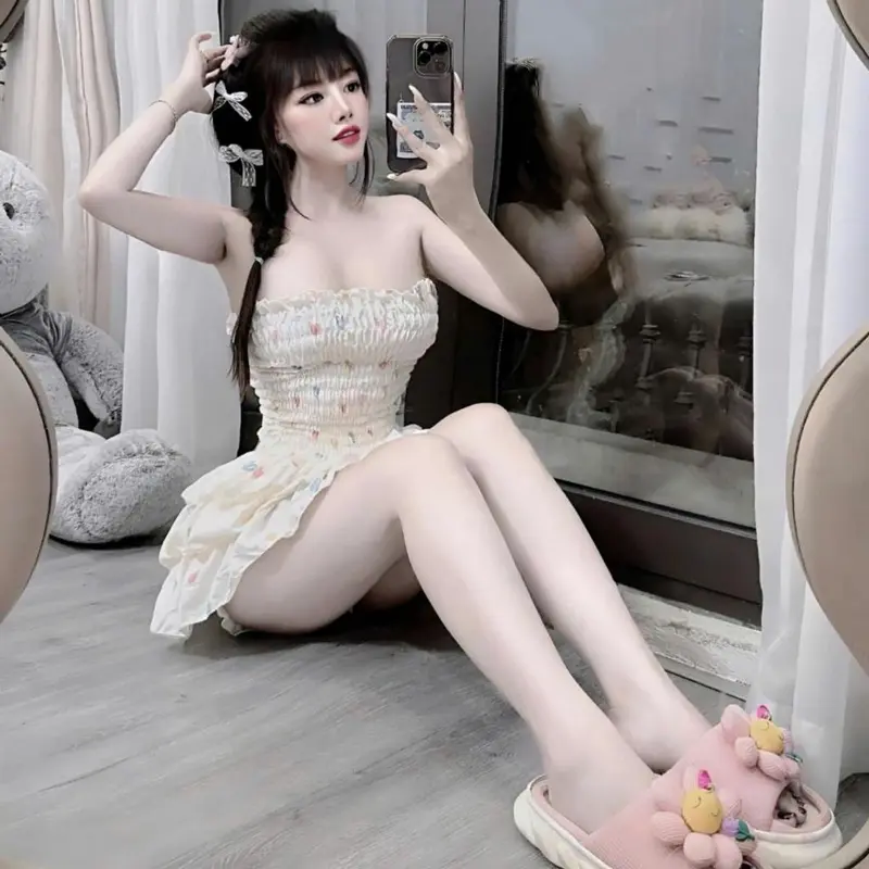 SET123 Set Áo Ống Nhún Chỉ Họa Tiết Chân Váy Tầng Nữ Women 6