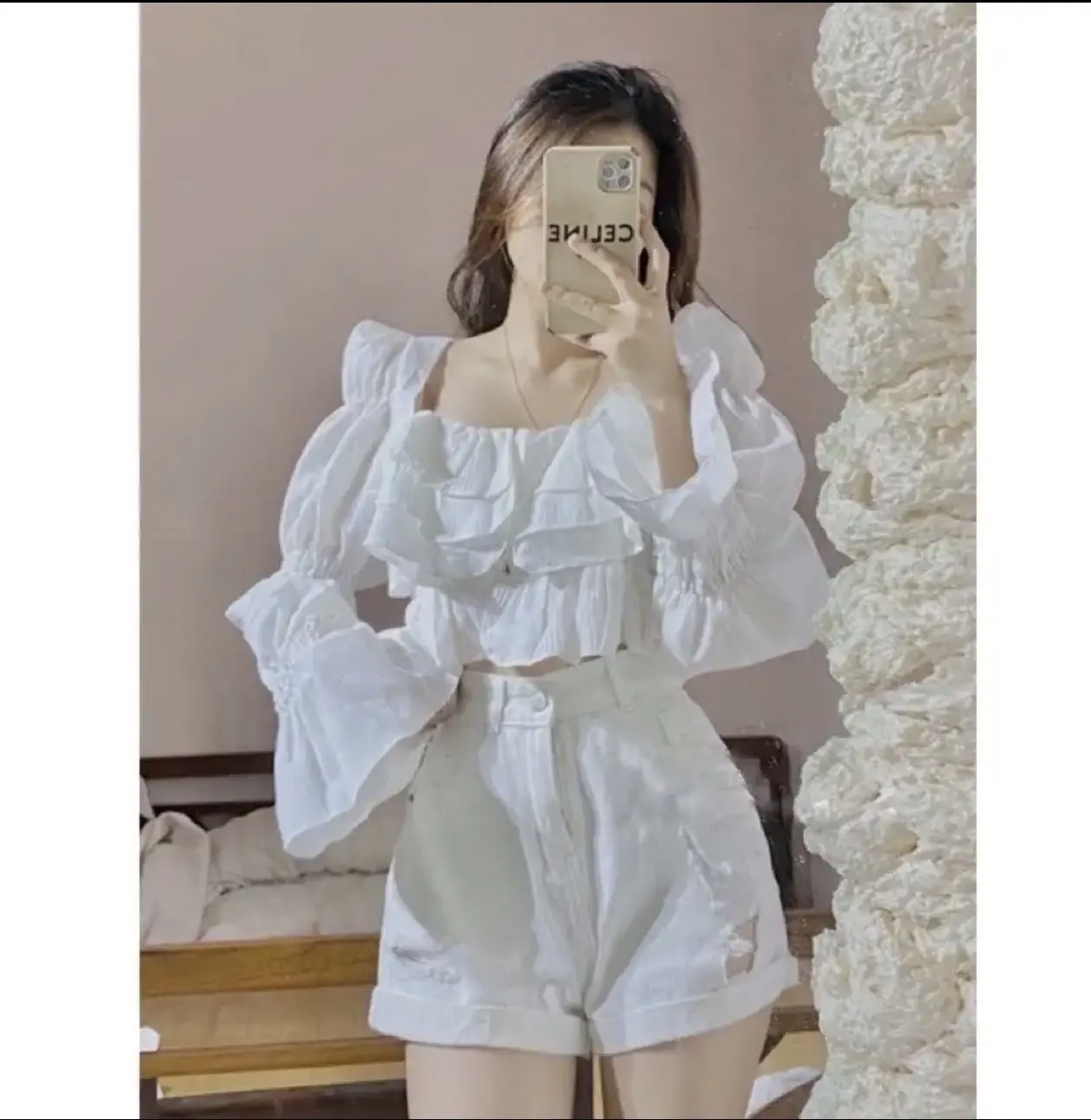 Áo nữ xốp bèo cổ vuông tay dài phong cách tiểu thư