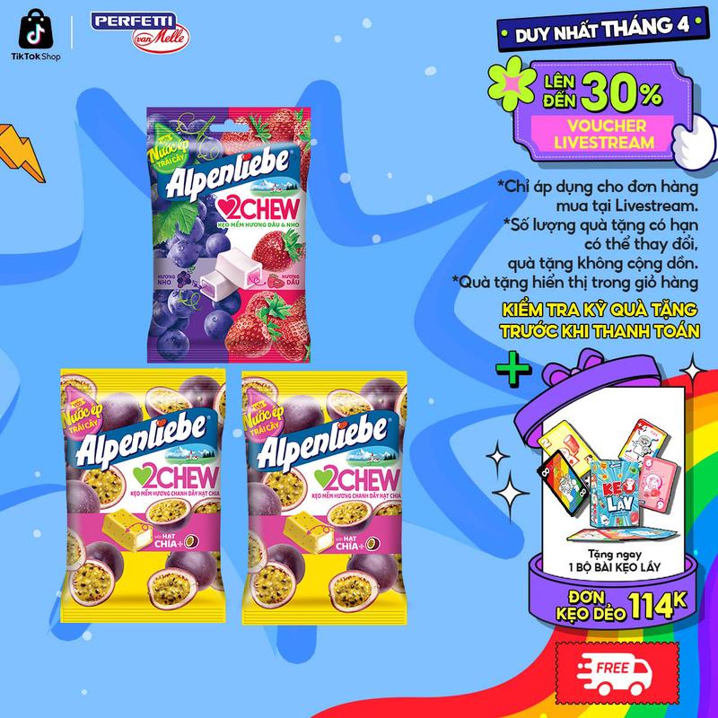 COMBO Kẹo Mềm Alpenliebe 2Chew từ nước ép trái cây hương Dâu Nho, Chanh dây hạt chia