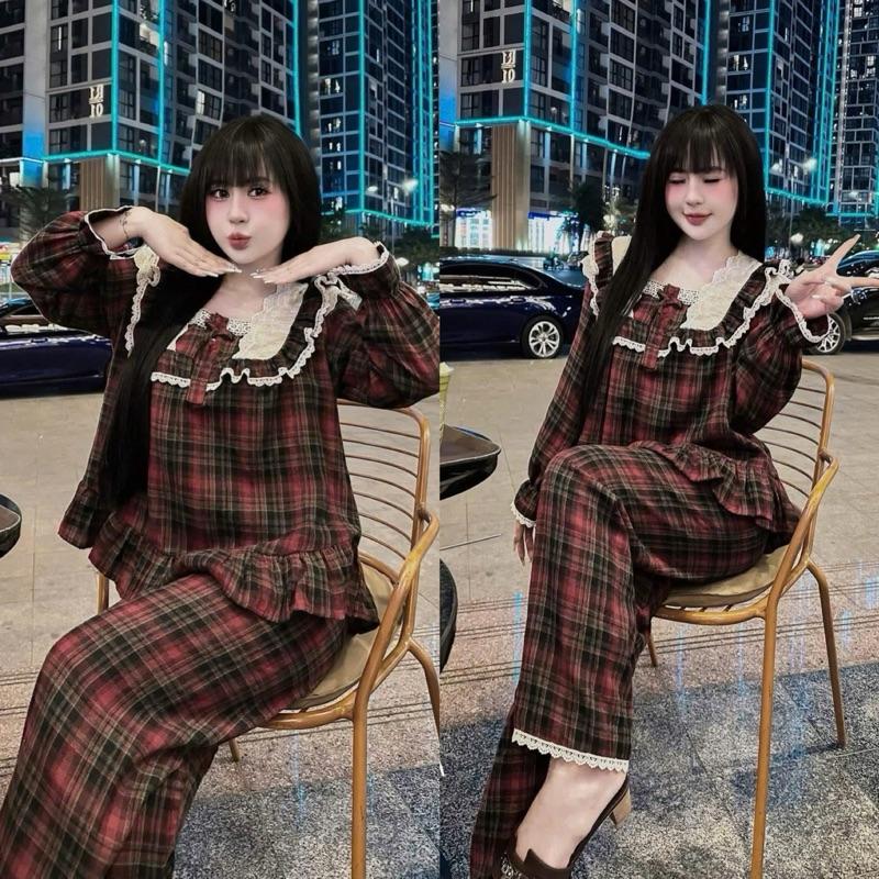 Set Đồ Bộ Tiểu Thư Áo Cổ Vuông Phối Ren Kèm Quần Sọc Phối Viền Bèo Xinh Xắn Dành Cho Nữ-S3