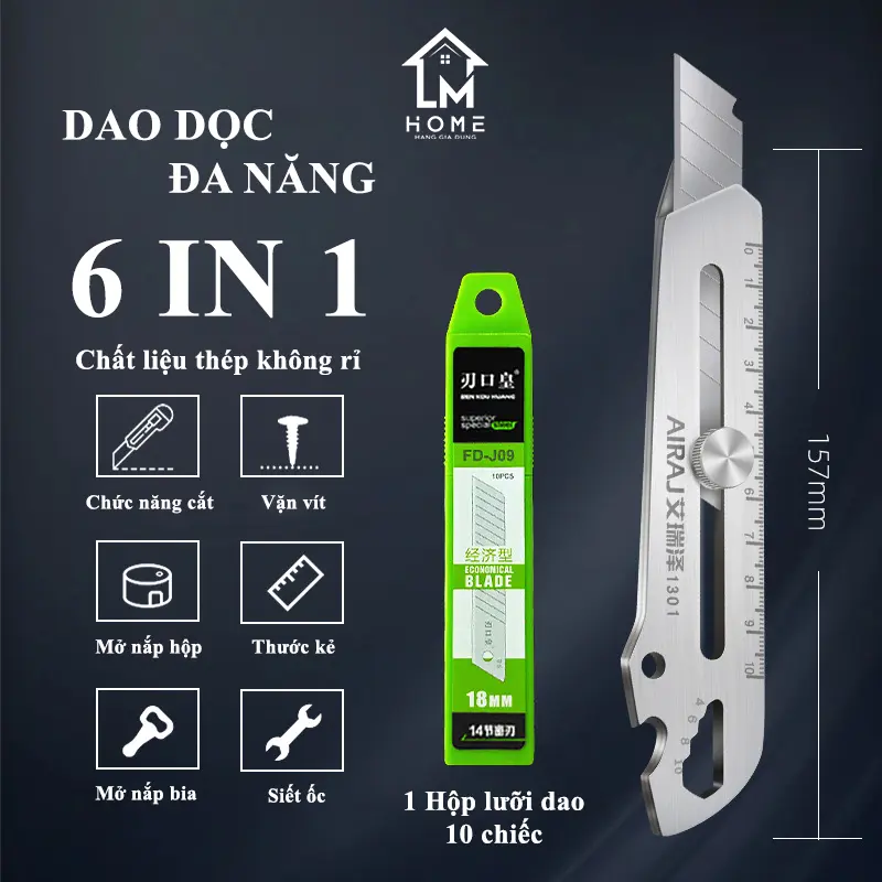 Dao Rọc Giấy Bằng Thép Dày Không Gỉ, 6 Trong 1 Có Thước Đo, Vặn Ốc, Vít, Khui Hộp, Siết Ốc, Cắt Giấy + Tặng Kèm 1 Lưỡi Dao