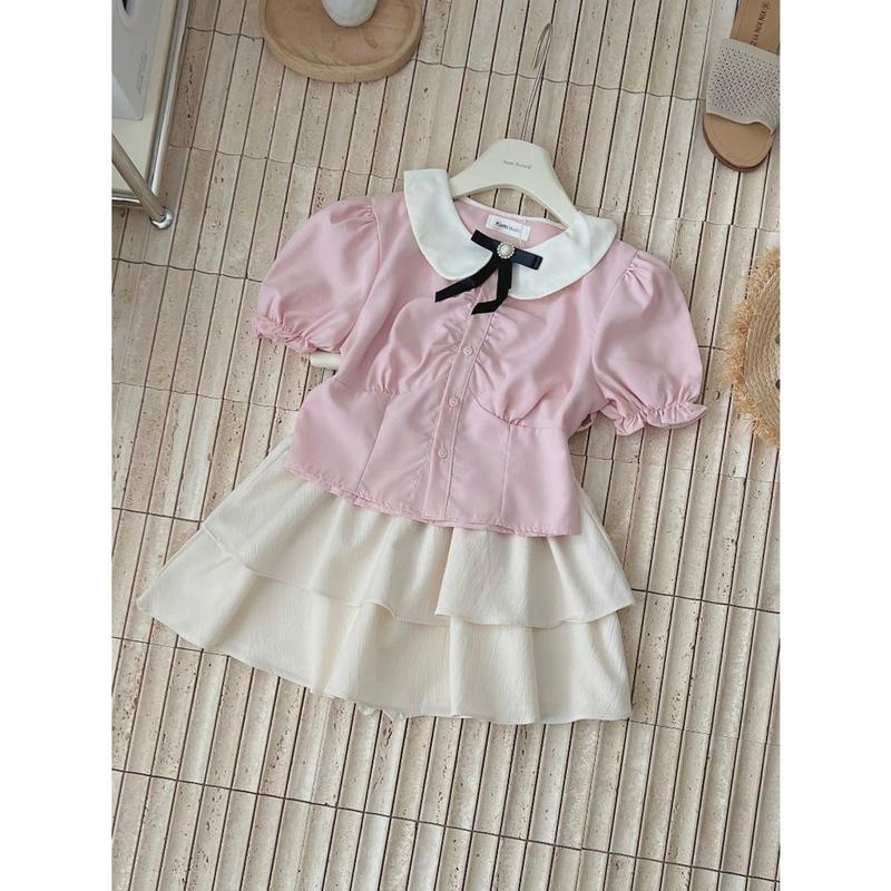 Set Áo Sơ mi Nữ Trắng Hồng Chiết Eo Chân Váy Đũi Sần 2 lớp, Đầm Nữ Chiết Eo Lên Dáng Siêu xᶖnh, Thời trang nữ hot trend 7