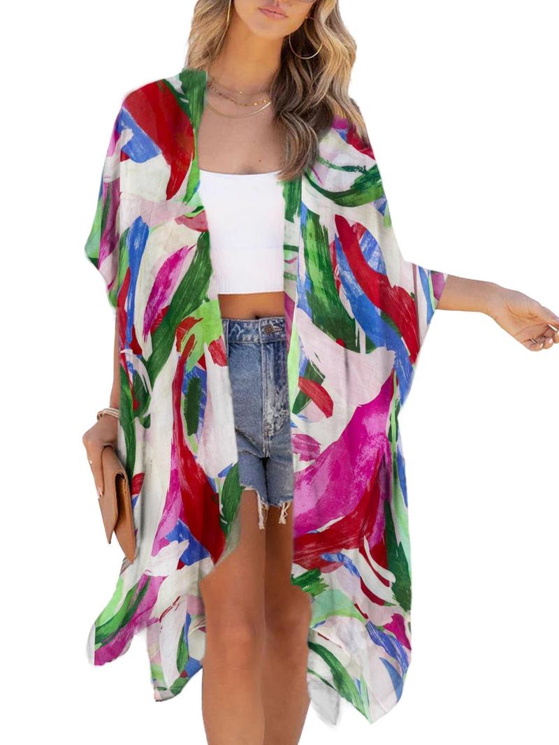 Product Introduction of Women's All Over Print Batwing Sleeve Kimono, Casual Open Front Split Side Kimono, Ladies Summer Swimwear for Beach Vacation Holiday, Summer Outfits 2024 5