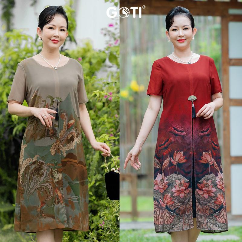 Product Introduction of GOTI Thời Trang Trung Niên Cao Cấp Đầm Suông Voan Xẻ Tà In Hoa Sen Tay Ngắn Quý Phái 3406  Nữ Nhung Dress 21