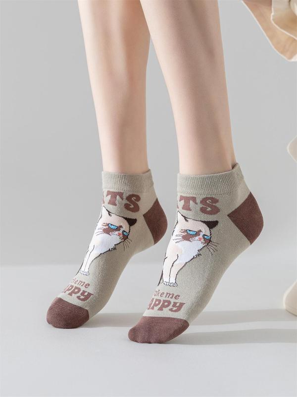 Women's 5 Pairs Cartoon Cat & Letter Print Colorblock Ankle Socks, Cute Comfortable Breathable Low Cut Socks for Daily Wear, Ladies Socks for Spring & Fall 3