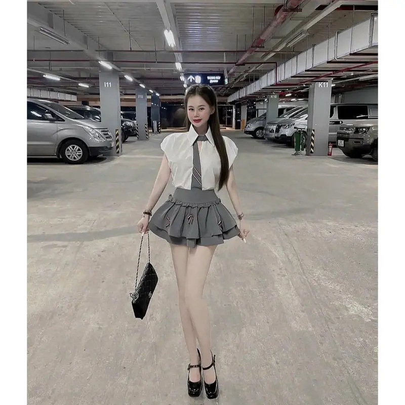 Set Sơ Mi Cánh Dơi Phối Cà Vạt Hai Tầng Đính Nơ Chất Liệu Kate Thái Cao Cấp, Thiết Kế Thời Thượng Thanh Lịch, Phù Hợp Nữ Dưới 53kg - Thời Trang Đi Làm, Đi Học, Gặp Gỡ Sang Trọng 4