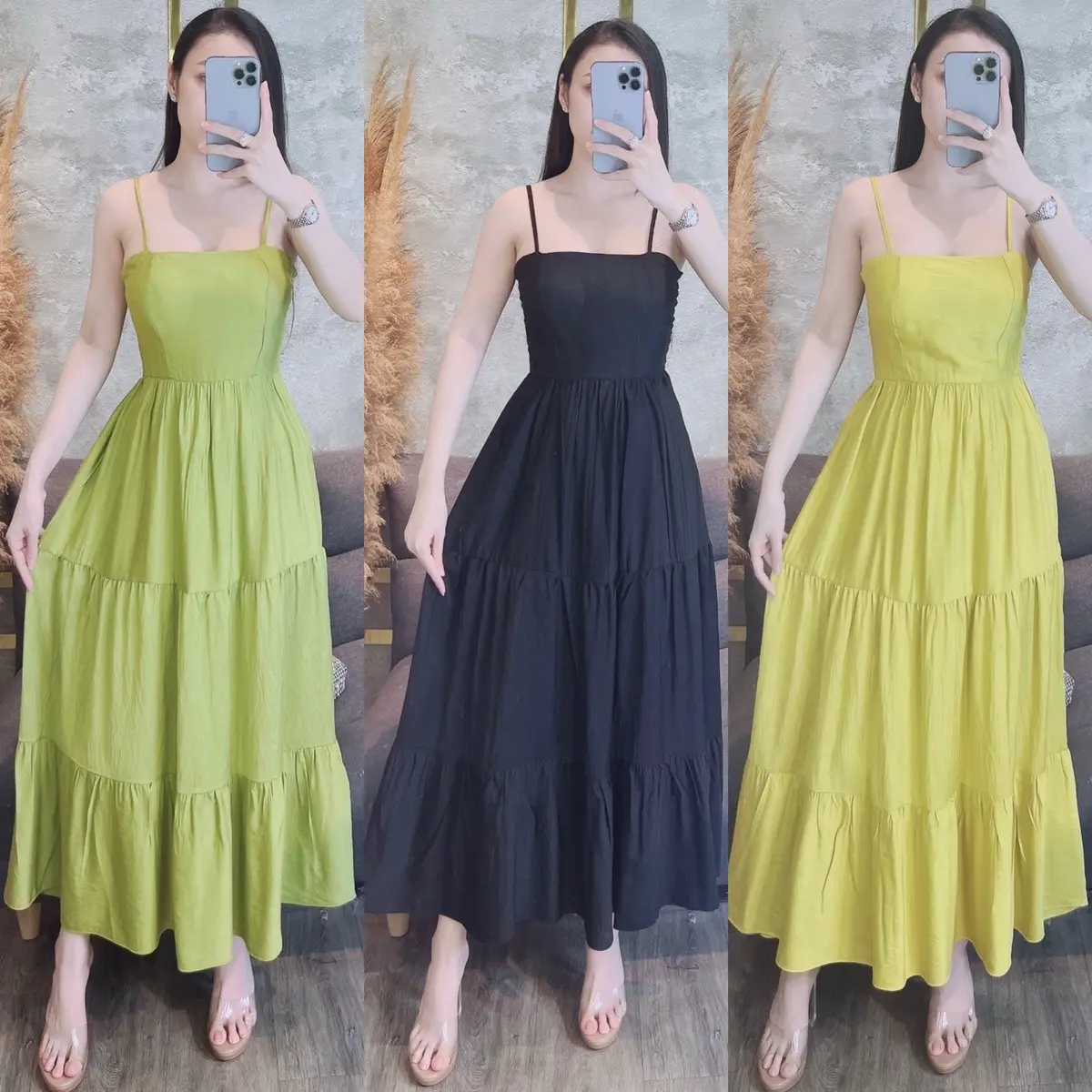 Đầm 2 Dây 3 Tùng Đuĩ Xước Nhăn Nữ Nhiều Màu Sắc Lựa Chọn .