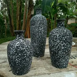 vas bunga kayu jati motif ceramic 1 set isi 3