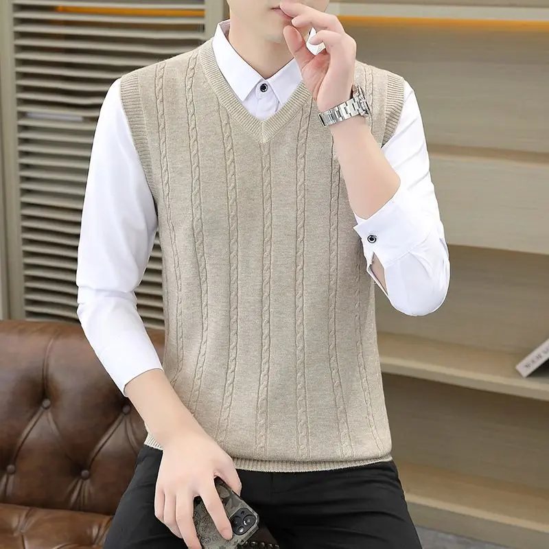 Áo Vest Dệt Kim Không Tay Cho Nam, Phong Cách Thu Đông, Cổ Chữ V, Áo Len, Phong Cách Hàn Quốc, Dáng Ôm, Thích Hợp Cho Giới Trẻ, Dễ Phối Đồ, Áo Len Áo Chui Đầu Menswear