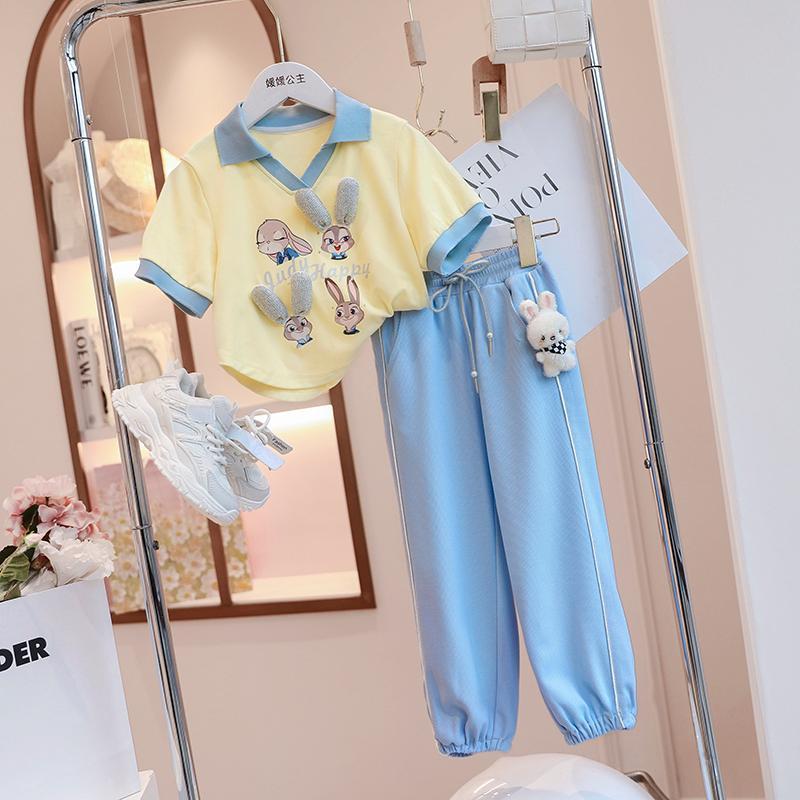 Bộ đồ mùa hè cho bé gái 15-55kg mùa hè 2023 phong cách nước ngoài mới cho bé gái váy xếp li ngắn tay quần âu bộ hai món 5