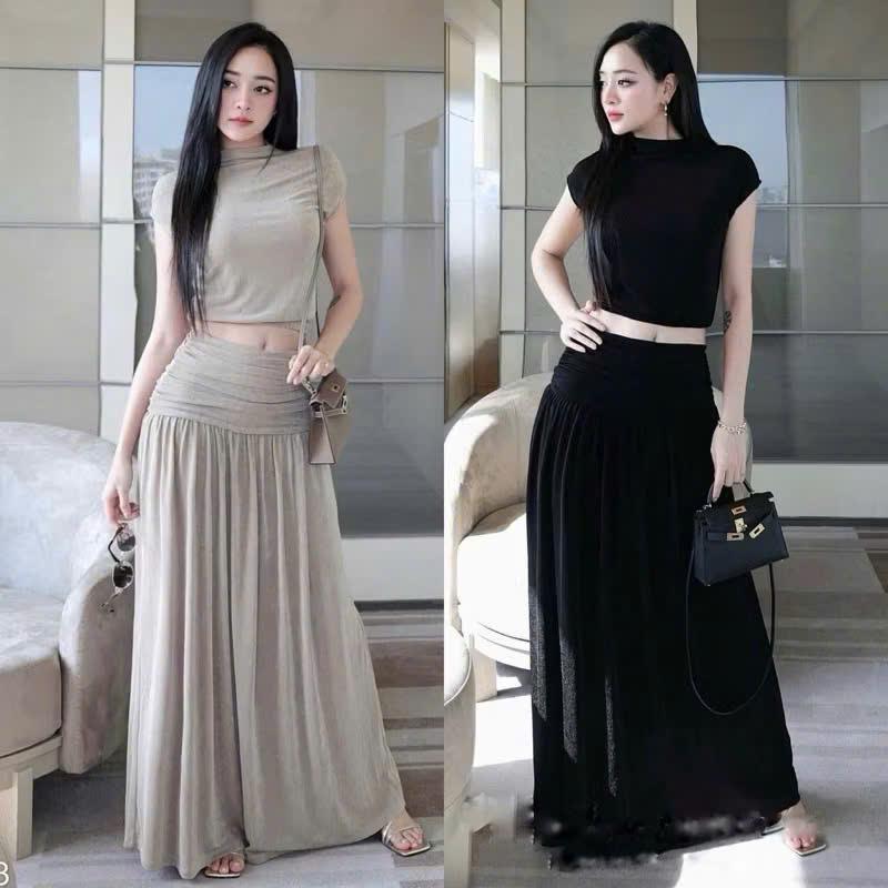 SM - Set áo cổ cao tay hến dáng croptop kèm chân váy midi nhún hông sang chảnh - thun nhũ BB105 set bộ , set nữ tôn dáng , set chân váy , set bộ nữ , set đi biển , set váy