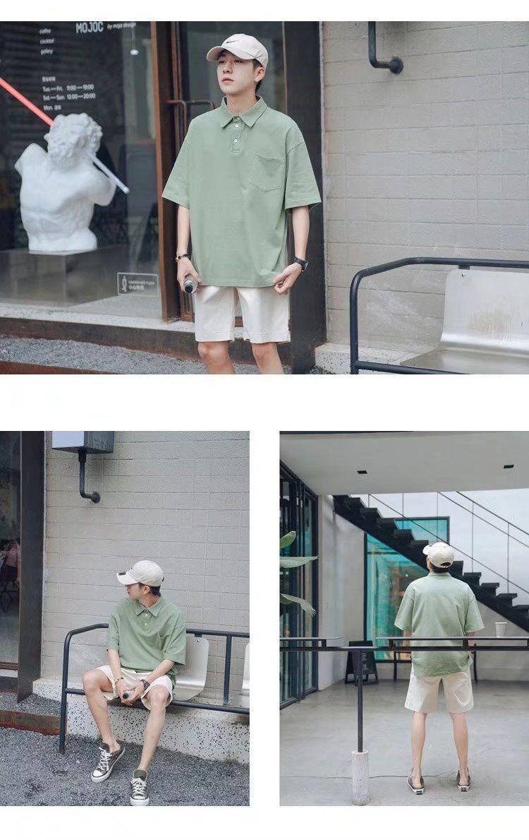 Product Introduction of Green Short Sleeve Polo Shirt for Men Summer Ins Trend Loose Fit Hong Kong Style Versatile Casual Stylish Turn-down Collar Five-point Sleeve T-shirt 14