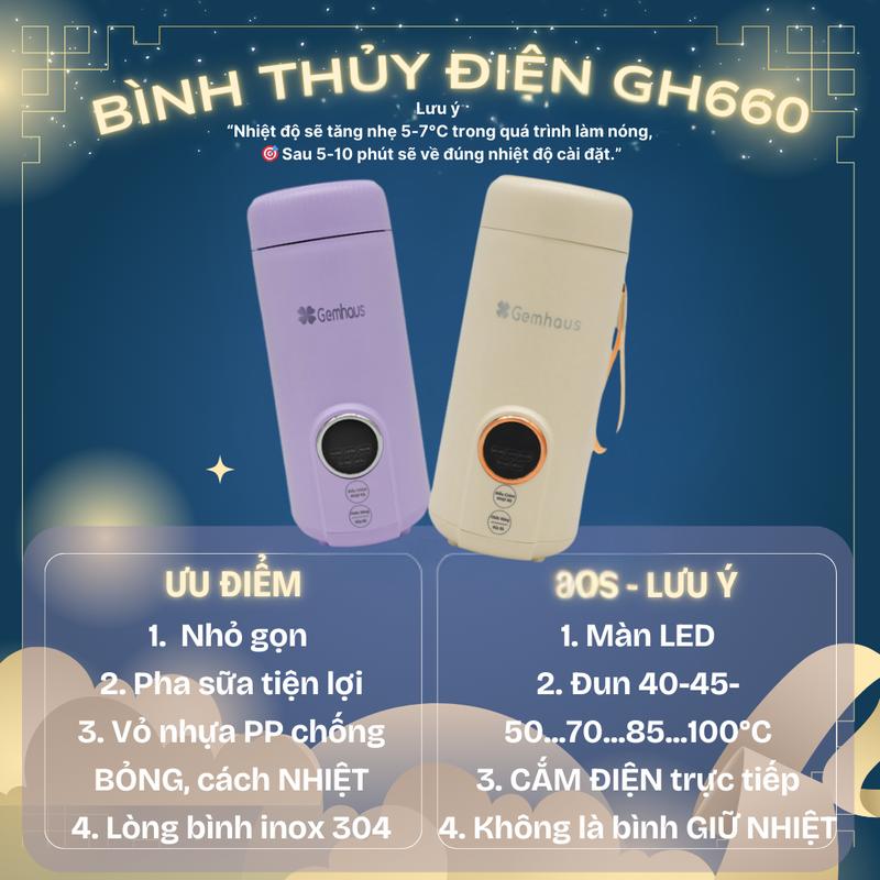 [CẮM ĐIỆN] BÌNH THỦY ĐIỆN MINI GEMHAUS Công suất 400W, với 5 chế độ nhiệt tiện lợi: đun nước, pha sữa, pha cafe, giữ ấm, chỉnh nhiệt độ tuỳ ý