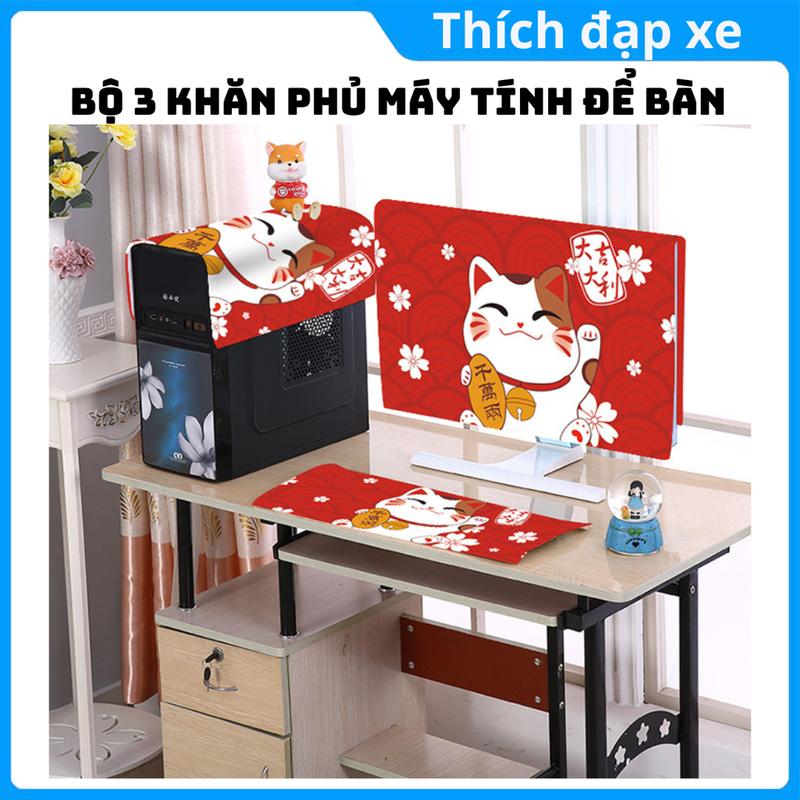 Bộ 3 khăn phủ máy tính để bàn tấm che bụi màn hình bàn phím vải tốt đủ size 22, 24, 27, 32 inch