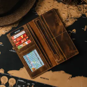 REVEN Prabu Dompet Panjang Pria Keren Kali Kulit Sapi Crazy Horse Leather Bisnis Kerja Travel Kasual Banyak Slot Kartu Uang Kertas Resleting Koin Awet Laki Plain Card Holder Coin Holder/Purse Full Kulit Luar Dalam