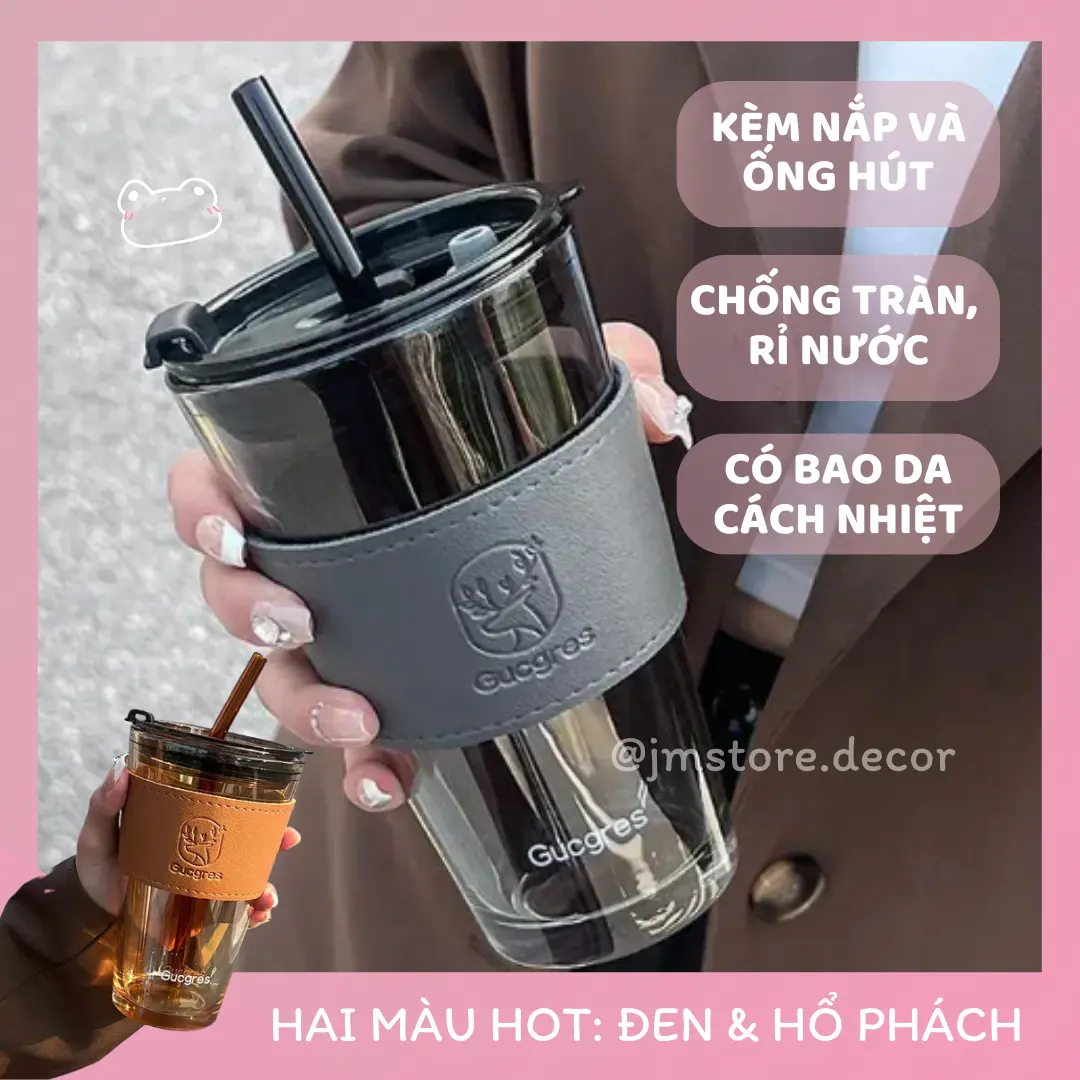 Ly Thuỷ Tinh Cao Cấp Kèm Bao Da, Ống Hút Chịu Nhiệt Cao 401-500ML