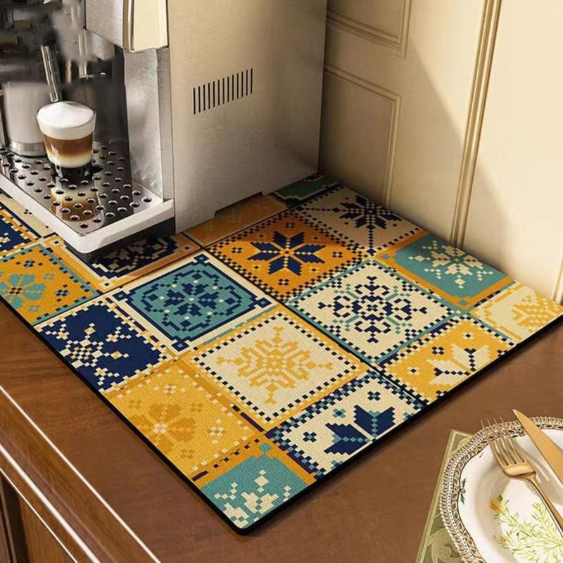 Product Introduction of multifunctional Rectangle Kitchen Drain Pad Vintage Printed Dish Drying Mat Anti-slip Absorbent Tableware Placemat Dinnerware 11