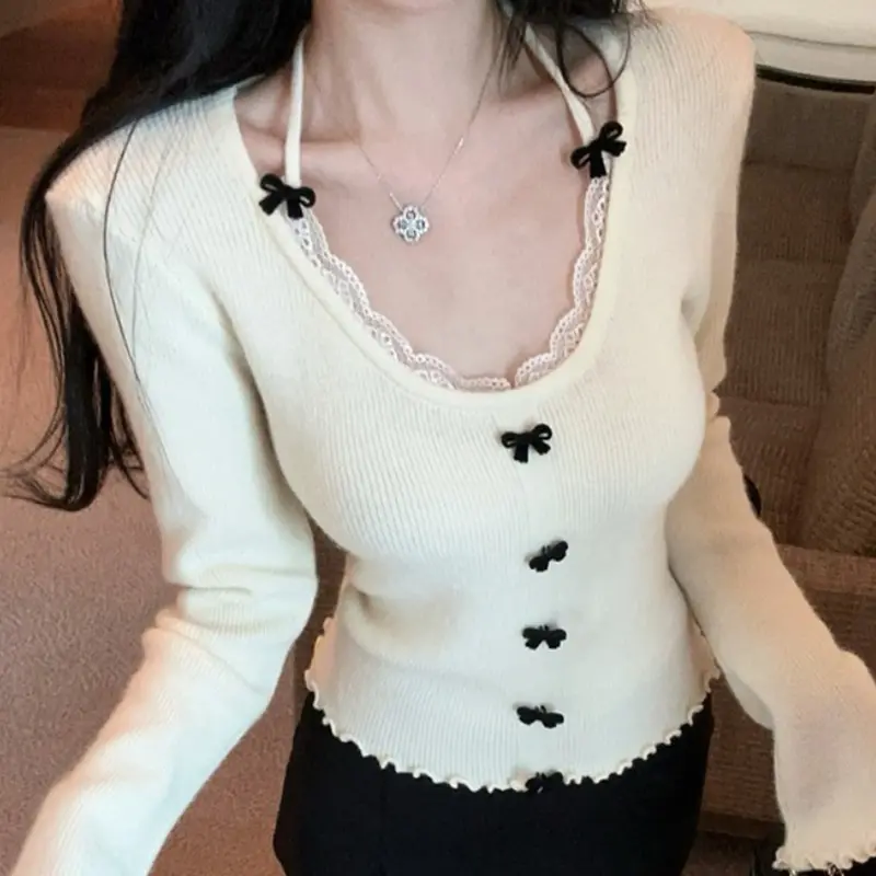 Áo Len, Thời Trang, Dành Cho Nữ, Mùa Thu Và Mùa Đông, Thiết Kế Nơ Ren Buộc Dây