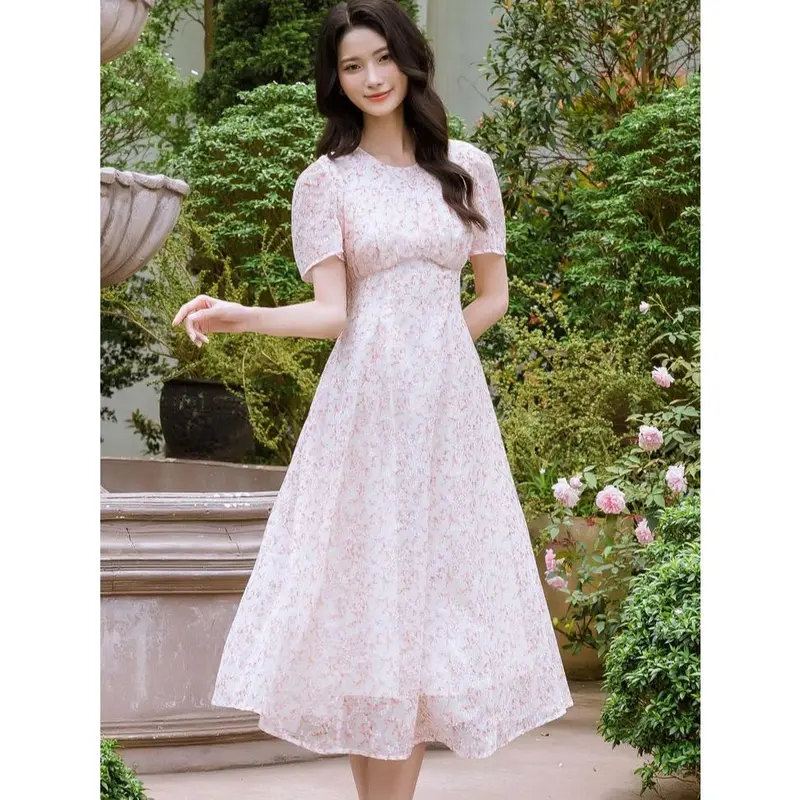Đầm Váy Hoa Nhí Công Sở LENDO V240333 Dáng Dài Xòe A Tay Bồng Ngắn Cổ Tròn Dúm Ngực Nữ Women 1